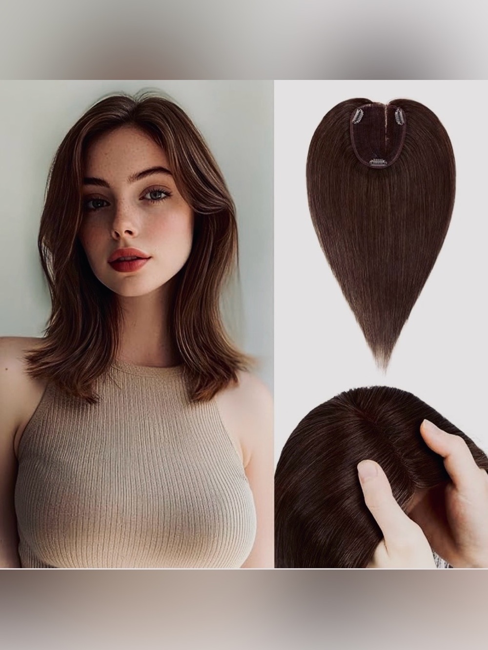 ⭐️ 12” Dark Brown Human‎ Hair Topper Side Part #TE2